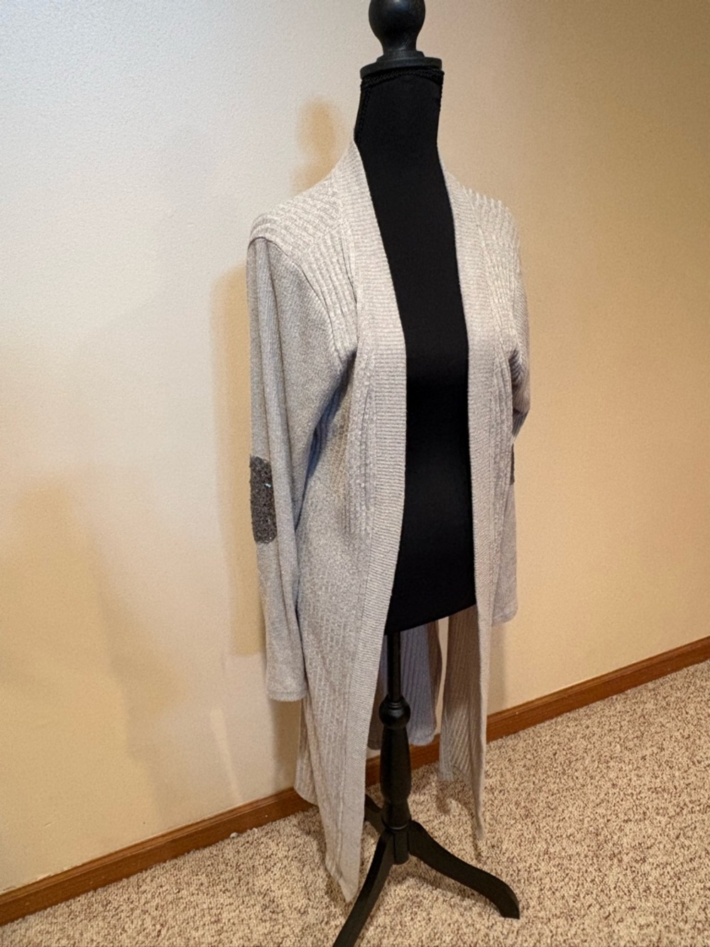 Light Gray Open-Front Cardigan with Sequence Elbow Patches